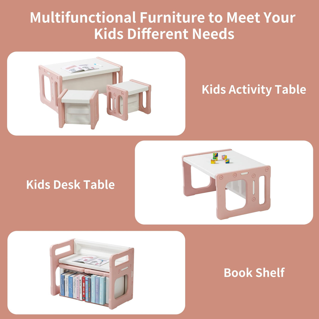 Hulaibit Kids Table and 2 Chairs Set, Montessori Weaning Table and Chairs for Toddlers Age 1-6, Plastic Activity Table for Reading/Eating/Playing, Gift for Boys & Girls, Pink Hulaibit