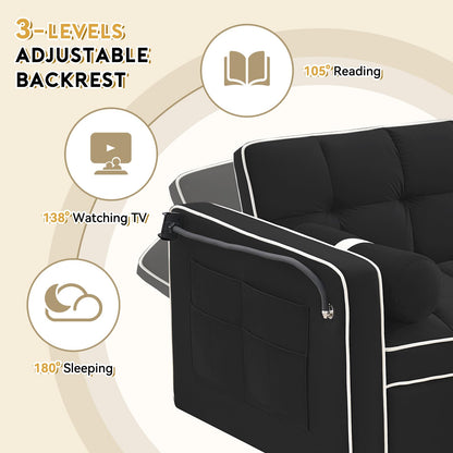 3 in 1 Convertible Sleeper Sofa,55.5" Velvet Tufted Pull Out Couch Bed,Loveseat Futon Sofa Chaise Lounge with Adjustable Backrest&Phone Holder for Living Room,Office,Apartment,Small Space(Black)