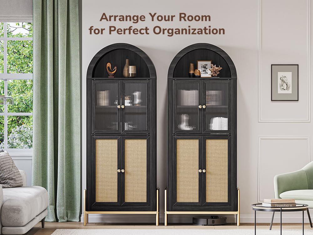 BELLEZE Modern Arched Kitchen Pantry, 5-Tier Wood Decorative Storage Cabinet with Reeded Glass Door and Adjustable Shelves, Freestanding Accent Display Cabinet for Home Living Room, Black BELLEZE