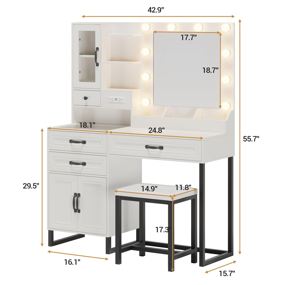 BTHFST Makeup Vanity Desk with Mirror and Lights & Charging Station & Makeup Stool, Vanity Table Set with Glass Top Storage Drawer & Beach & 3 Shelves for Bedroom (Modern White & Black) BTHFST