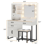 BTHFST Makeup Vanity Desk with Mirror and Lights & Charging Station & Makeup Stool, Vanity Table Set with Glass Top Storage Drawer & Beach & 3 Shelves for Bedroom (Modern White & Black) BTHFST