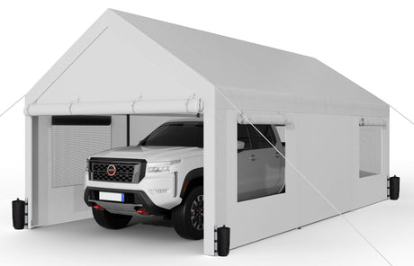 Shintenchi Carport 10' x 20' Heavy Duty Portable Garage, Car Port Canopy with Side-Opening Removable Door & Roll-Up Windows, Car Canopy for Truck,Car,Boat,Motorcycle,White Shintenchi
