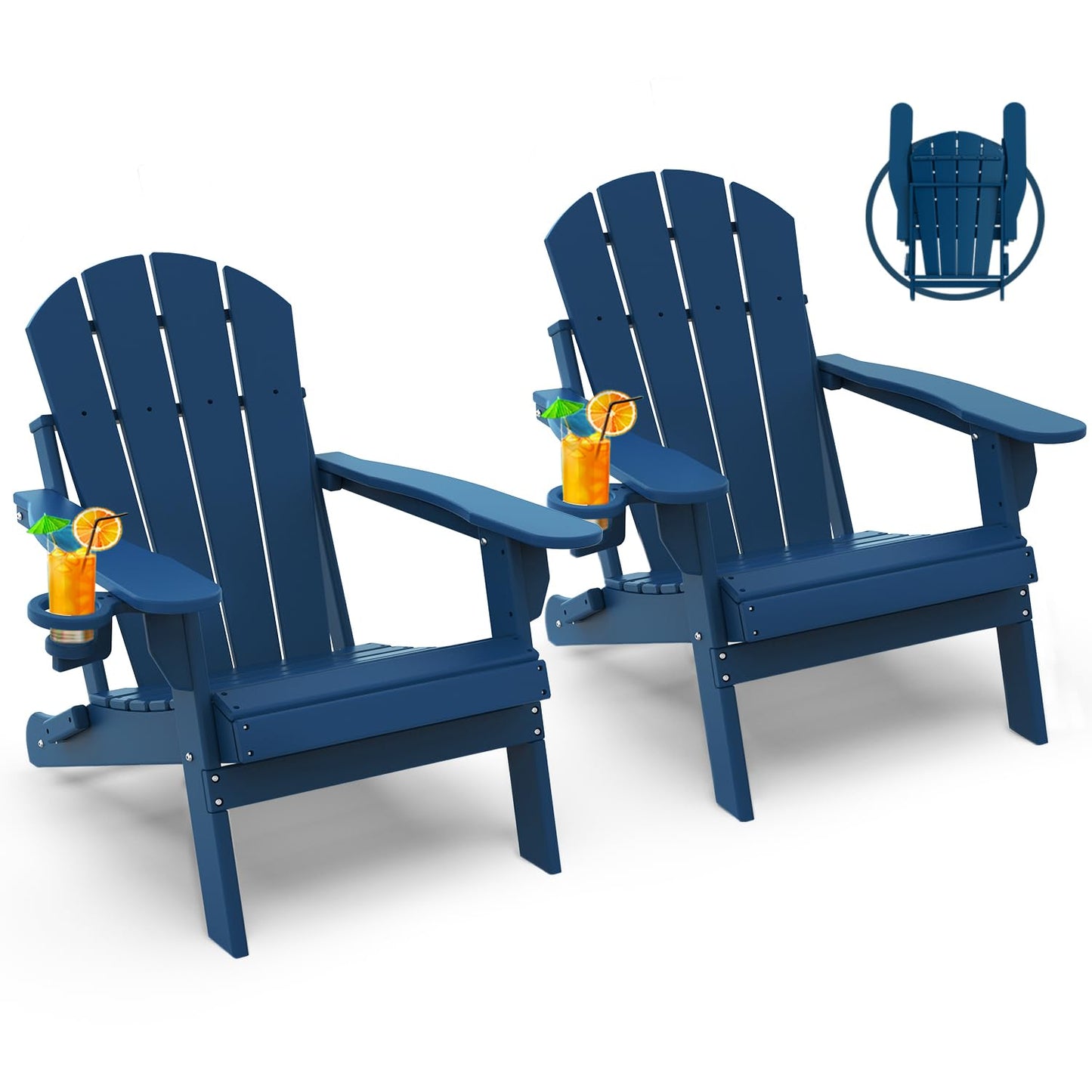 GREENVINES Folding-Adirondack-Chairs-Set-of-2 | HDPE Plastic | Fire Pit Chair | All Weather | Cup Holder | Blue | for Deck Backyard Patio Outdoor Garden - WoodArtSupply