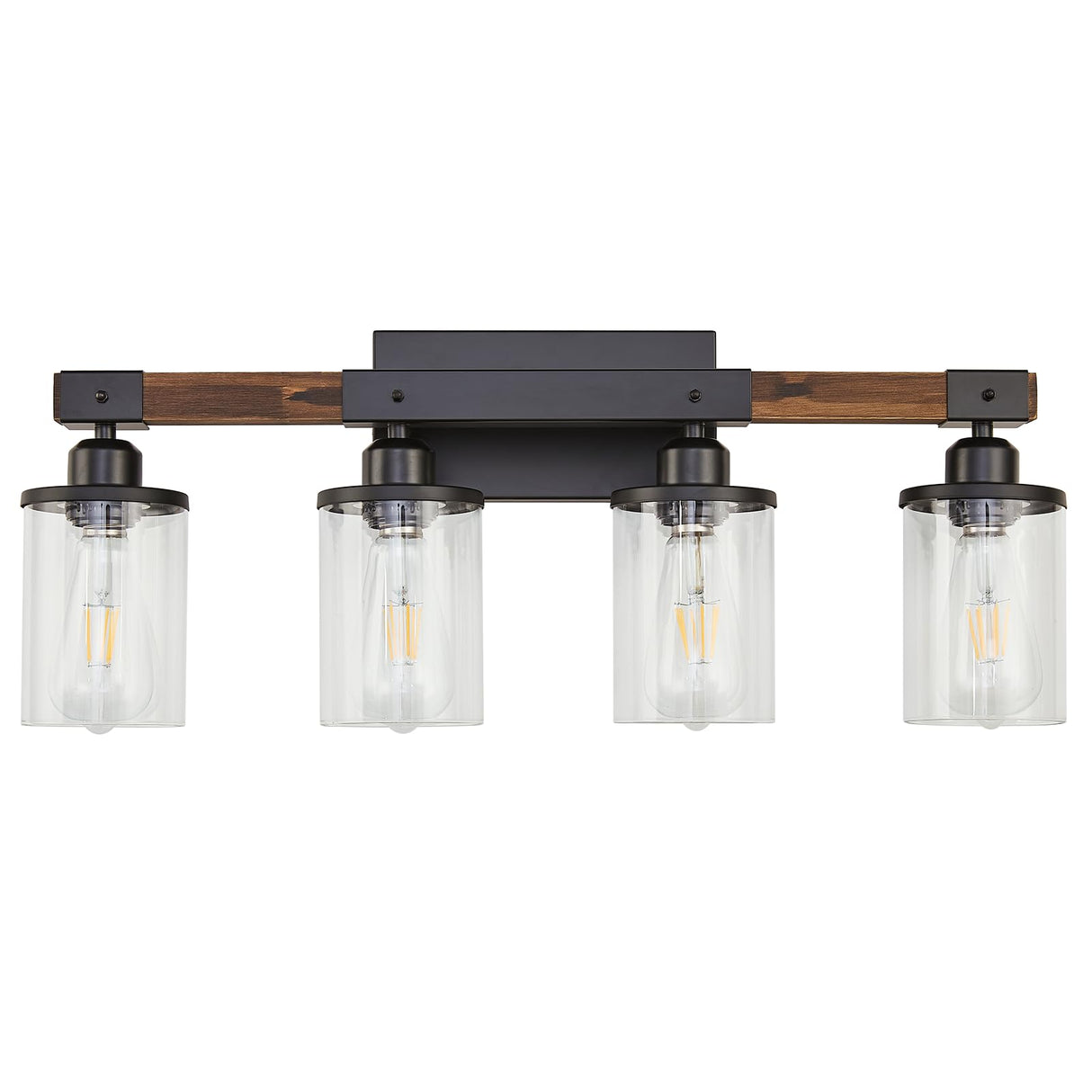 Feohak 4-Light Bathroom Vanity Light, Farmhouse Bathroom Light Fixtures Over Mirror, Rustic Industrial Wood Black Wall Lamp Sconce Light with Clear Glass Shade Feohak