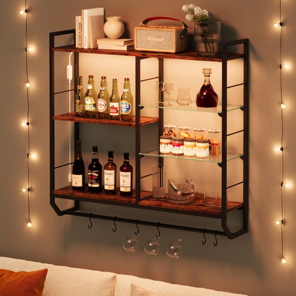 EYCOAL Gaming Floating Shelves, Wall Mounted Wooden Decor Display Shelf with 34" LED Lights and Adjustable Glass Bar Wine Shelf, Extra Hanging Hooks Storage for Gaming Room and Living Room EYOCAL