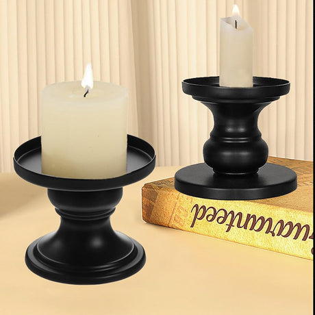 Matte Black Iron Pillar Candle Holders - Set of 2 Candlestick Holders, Metal Candle Holder for Pillar & Taper, Table Mantle Fireplace Farmhouse Home Decor Cagzzee