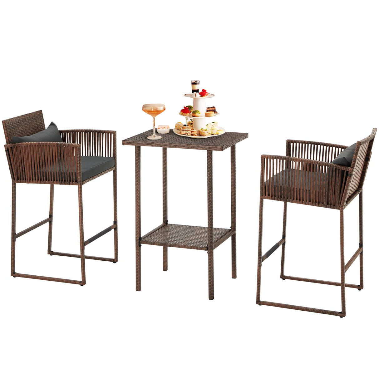 AVAWING 3PCS Patio Wicker Bar Set, Outdoor Bistro Rattan Barstool Furniture, Height Counter Table and Chairs for Backyard, Poolside, Balcony, Steel Frame w/Extra Cushion Covers Gray/Blue AVAWING