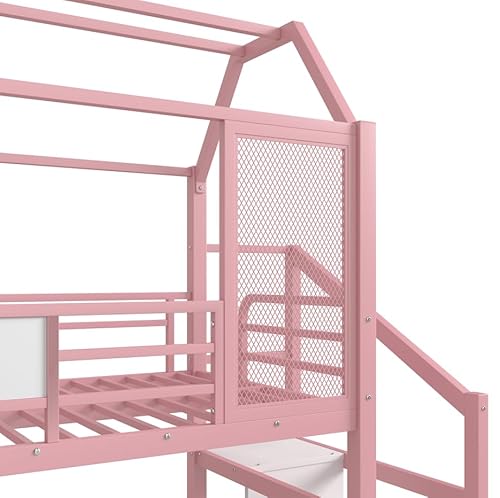 Bellemave Metal Loft/Bunk beds Twin Over Twin, Bunk beds with Slide and Stairs for Kids, Floor House Loft Bed for Kids，Pink Bellemave