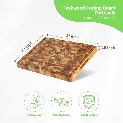 VIETGREEN Durable Teak wood End Grain Cutting Board Sturdy Reversible Teakwood Chopping Board Non-slip Natural Pre-oiled Cutting Board Gifts Sustainable Wooden Carving Board for Kitchen