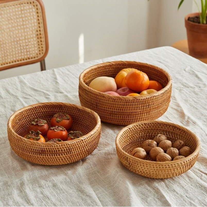 Rattan Bread Basket, Hand Woven Fruit Basket, Wicker Serving Basket Bowl, Decorative Baskets for Kitchen Counter Organizing, Set of 3 (Round) XIMISISE