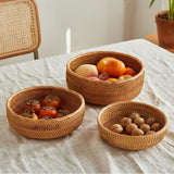 Rattan Bread Basket, Hand Woven Fruit Basket, Wicker Serving Basket Bowl, Decorative Baskets for Kitchen Counter Organizing, Set of 3 (Round) XIMISISE