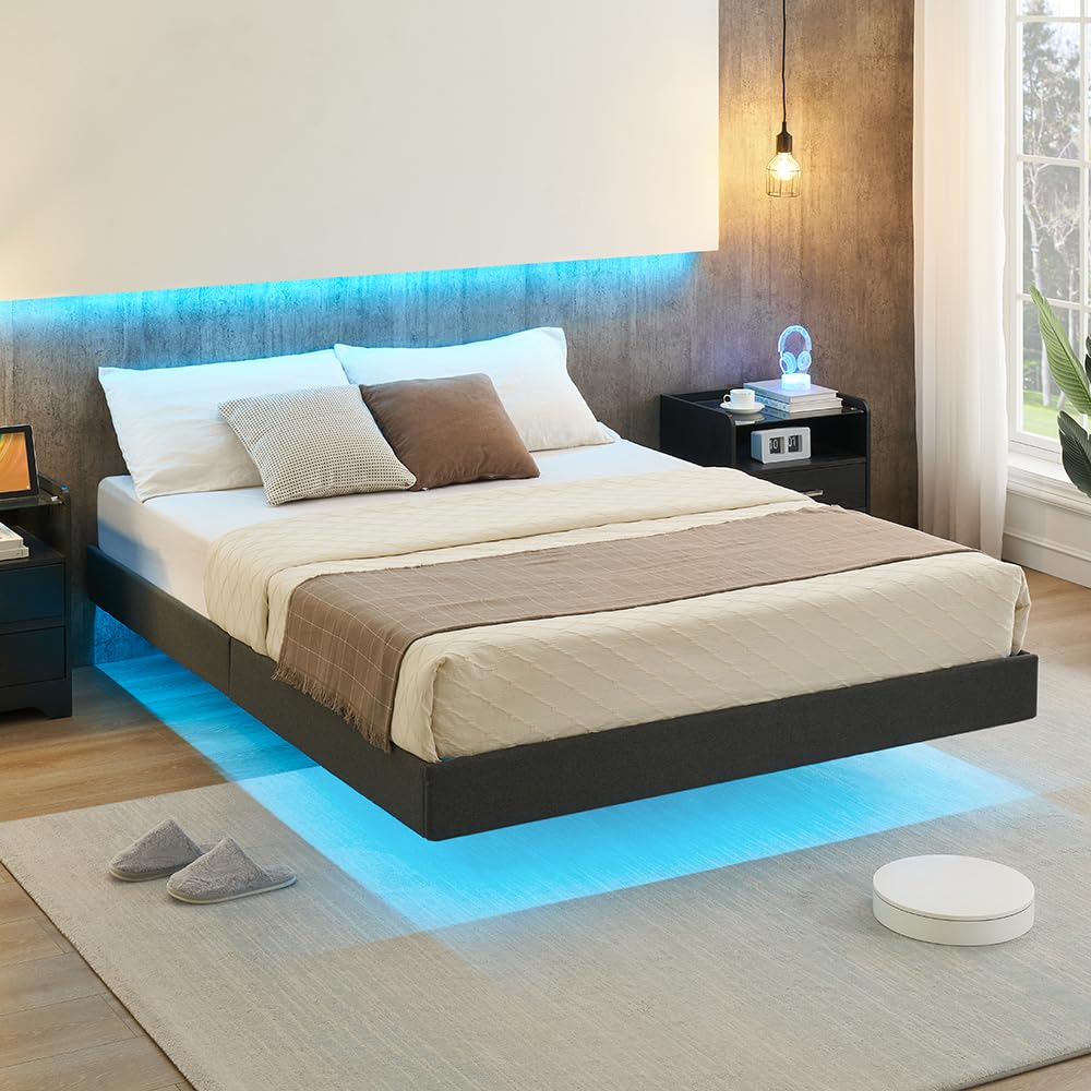 ELETHEBIA Modern Floating Full Bed Frame with LED Lights – Upholstered Platform, No Box Spring Required, Easy Assembly in Gray - WoodArtSupply