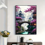 Semneroy Bridge Flower Diamond Painting Kits for Adult Beginners,Cherry Blossoms Building Diamond Art Kits,Full Drill Paint with Diamond Dot Gem Art Painting for Home Decor 12x16 inch Semneroy