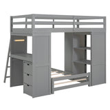 Twin Over Twin Bunk Bed with Desk, USB Ports, LED Light, Storage Drawers & Bookcase - Grey Harper & Bright Designs