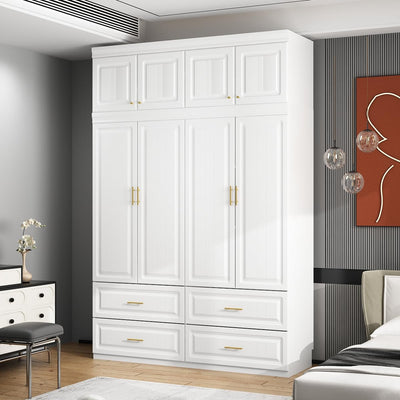 MOUMON 4 Door Wardrobe Closet with Drawers & Shelves, Armoire Closet with Hanging Rod, Wardrobe Cabinet with Gold Metal Handles, Top Cube Storage, White (63”W x 20.6”D x 93.9”H)