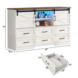 63" Farmhouse Dresser w/6 Drawers,60000-color Led Lights,Outlet, Large Chest of Drawers w/Sliding Barn Doors,Adjust Shelves,White Dresser TV Stand for 65/70in TV for Bedroom, Living Room chartustriable