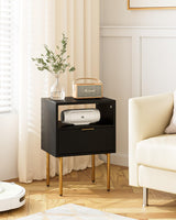 AEPOALUA Nightstand,Small Bedside Table with Gold Frame,Black Night Stand,Bedside Furniture,End Table,Side Table with Drawer and Shelf for Bedroom,Living Room (Modern-Stripe, Black) AEPOALUA