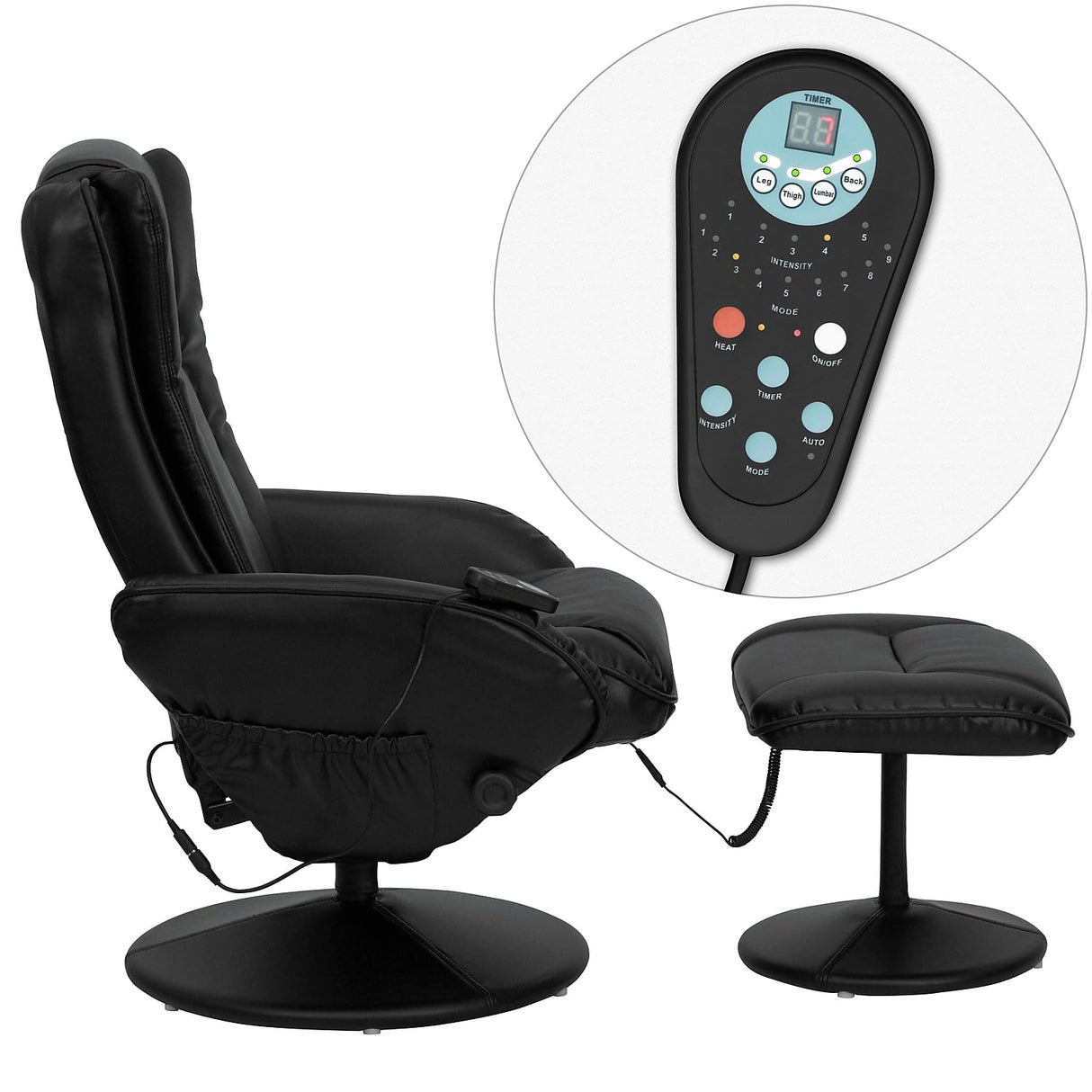 Flash Furniture Poppy Massaging Multi-Position Plush Recliner with Side Pocket and Ottoman in Black LeatherSoft Flash Furniture