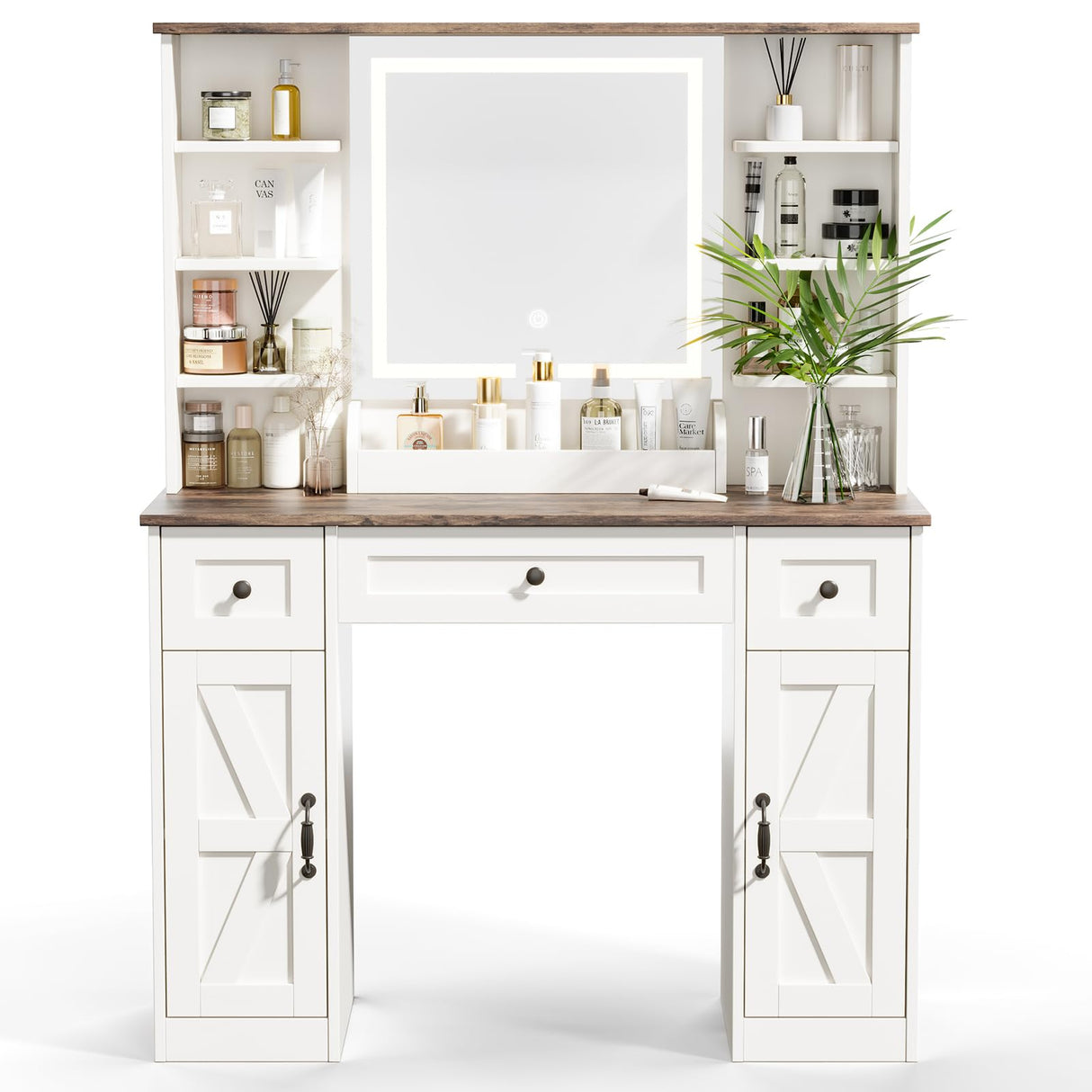 Farmhouse Makeup Vanity Desk with Mirror and Lights, Makeup Vanity with Open Shelves & Power Strip, 3 Lighting Modes Adjustable Brightness, Vanity Table Set with 3 Drawers & 2 Side Cabinet for Bedroom ivaniti