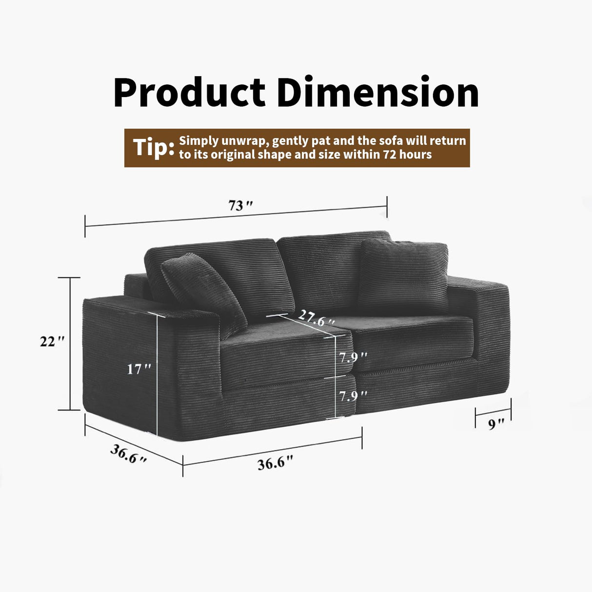 FILUXE Modular Sectional Sofa, Modern Modular Sofa Couch with Deep Seat，Comfy Cloud Couch, Sectional Couches for Living Room, Bedroom and Apartment，2-Seater，Dark Grey FILUXE