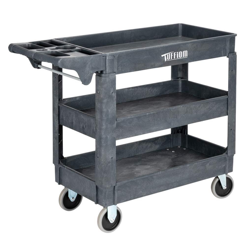 TUFFIOM Plastic Service Utility Cart with Wheels, 550lbs Capacity, Heavy Duty Tub W/Deep Shelves, Multipurpose Rolling 3-Tier Mobile Storage - WoodArtSupply