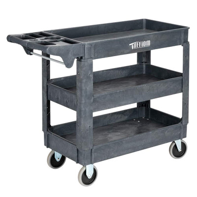 TUFFIOM Plastic Service Utility Cart with Wheels, 550lbs Capacity, Heavy Duty Tub W/Deep Shelves, Multipurpose Rolling 3-Tier Mobile Storage