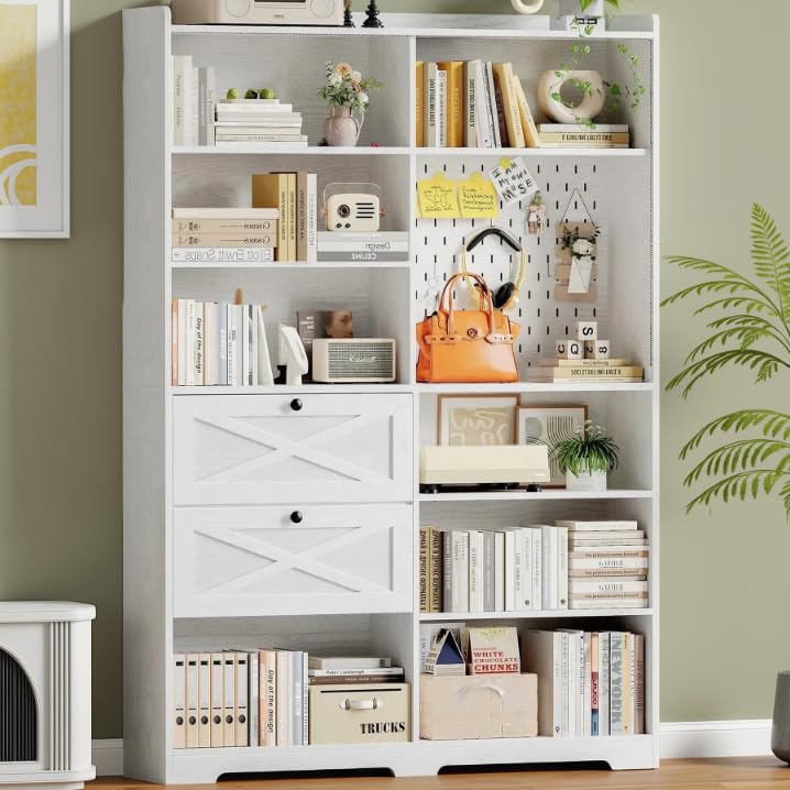 ANCTOR Book Shelf with Light and Drawers, 55" W x 79" H, 7-Tier Double Wide Bookshelf with Pegboard, Freestanding Deep Bookcase for Living Room, White ANCTOR