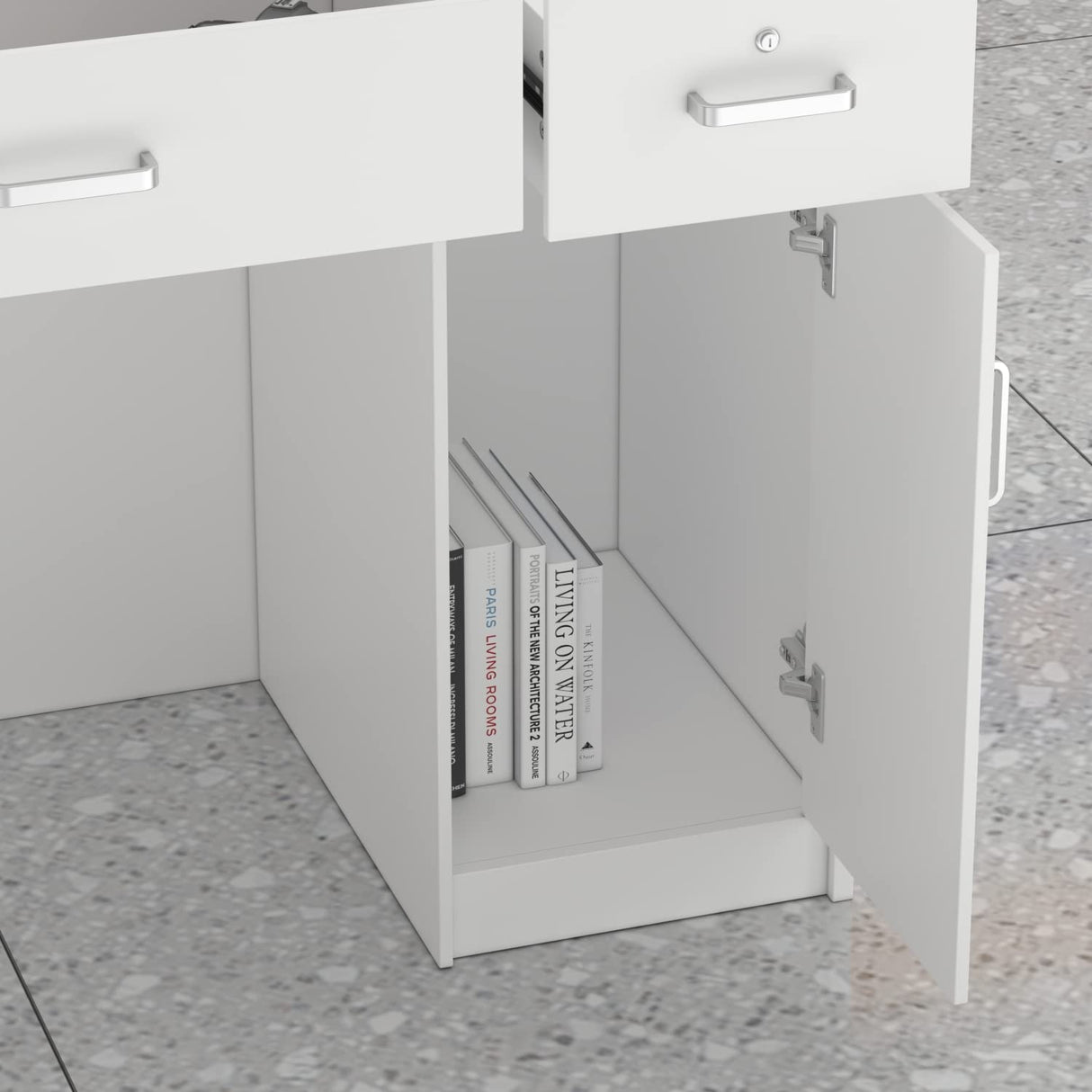 Homsee Modern Reception Desk with 3 Drawers, 1 Door Storage Cabinet & Hutch Shelf, Office Wooden Computer Desk, Writing Study Table PC Laptop Desk, White (47.3" L x 18.3" W x 43.3" H) Homsee