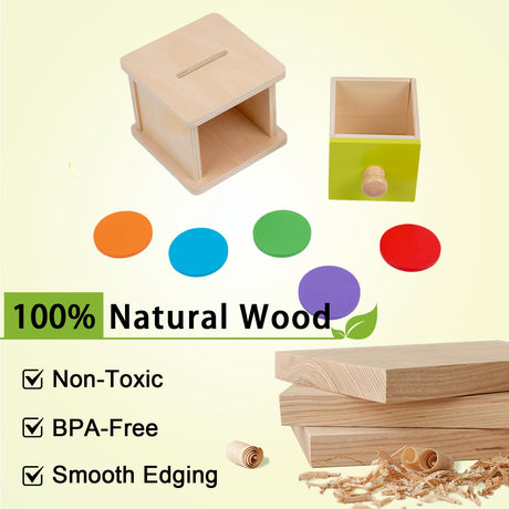 Adena Montessori Coin Box,Object Permanence Box Toys for 1 Year Old Baby Coins,Wooden Montessori Ball Drop Toys Developmental Toys for 6-12 Month Infant Toys,Learning Kids Gifts(Yellow-Green Door) Adena Montessori