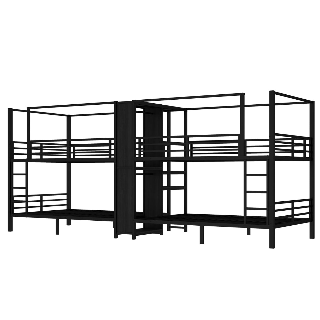 Trikiousd Full Size Bunk Bed Frame, Quadruple Room Metal Storage Bedframe with Built-in Shelves & Wardrobe for Kids, Teens & Adults, Noise-Reduced Design Trikiousd