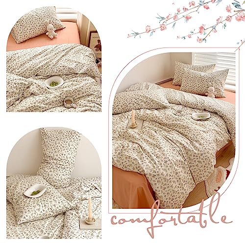 Aesthetic Floral Duvet Cover King Cozy Cotton Bedding Set King Shabby Chic Green Botanical French Style Duvet Cover Set Off White Comforter Cover with Fresh Flower Pattern, Breathable, Lightweight MOTNTD