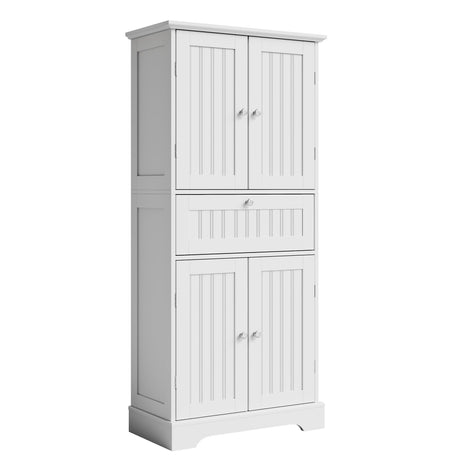 ChooChoo 51" H Tall Bathroom Floor Cabinet, Modern Bathroom Storage Cabinet with Drawer and Adjustable Shelves, Freestanding Kitchen Pantry Cupboard with 4 Doors for Living Room, White ChooChoo