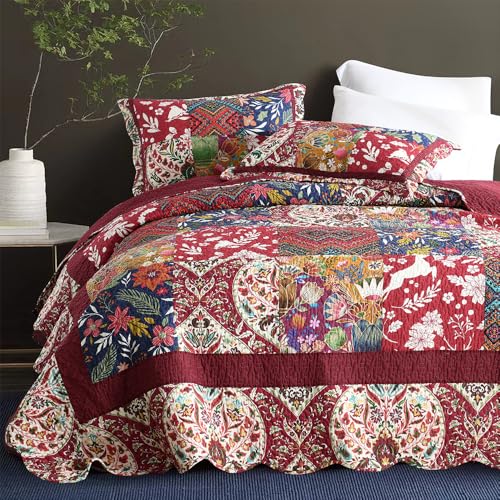camandy Cotton Bedspread Quilt Bedding Sets 3 Pieces Reversible Coverlet Sets Comforters Gorgeous Paisley Floral Patchwork Red Bedspread, Queen Size camandy