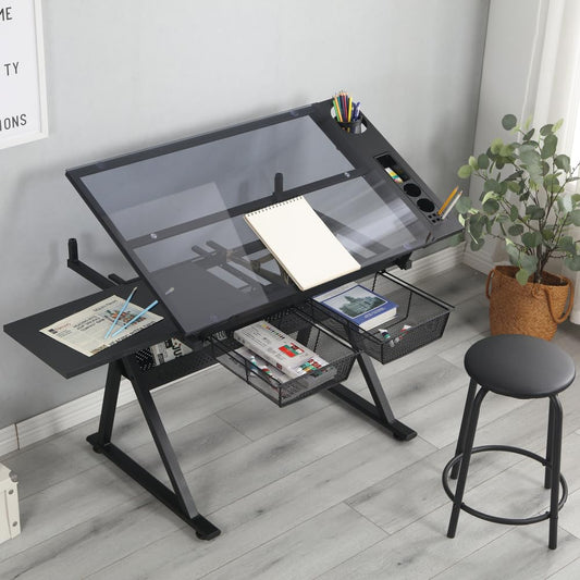 BAOMKONG Drafting Table and Stool Set, Tempered Black Glass Drawing Table with Adjustable Tabletop and Height Art Table for Artist Painters Home Office - WoodArtSupply