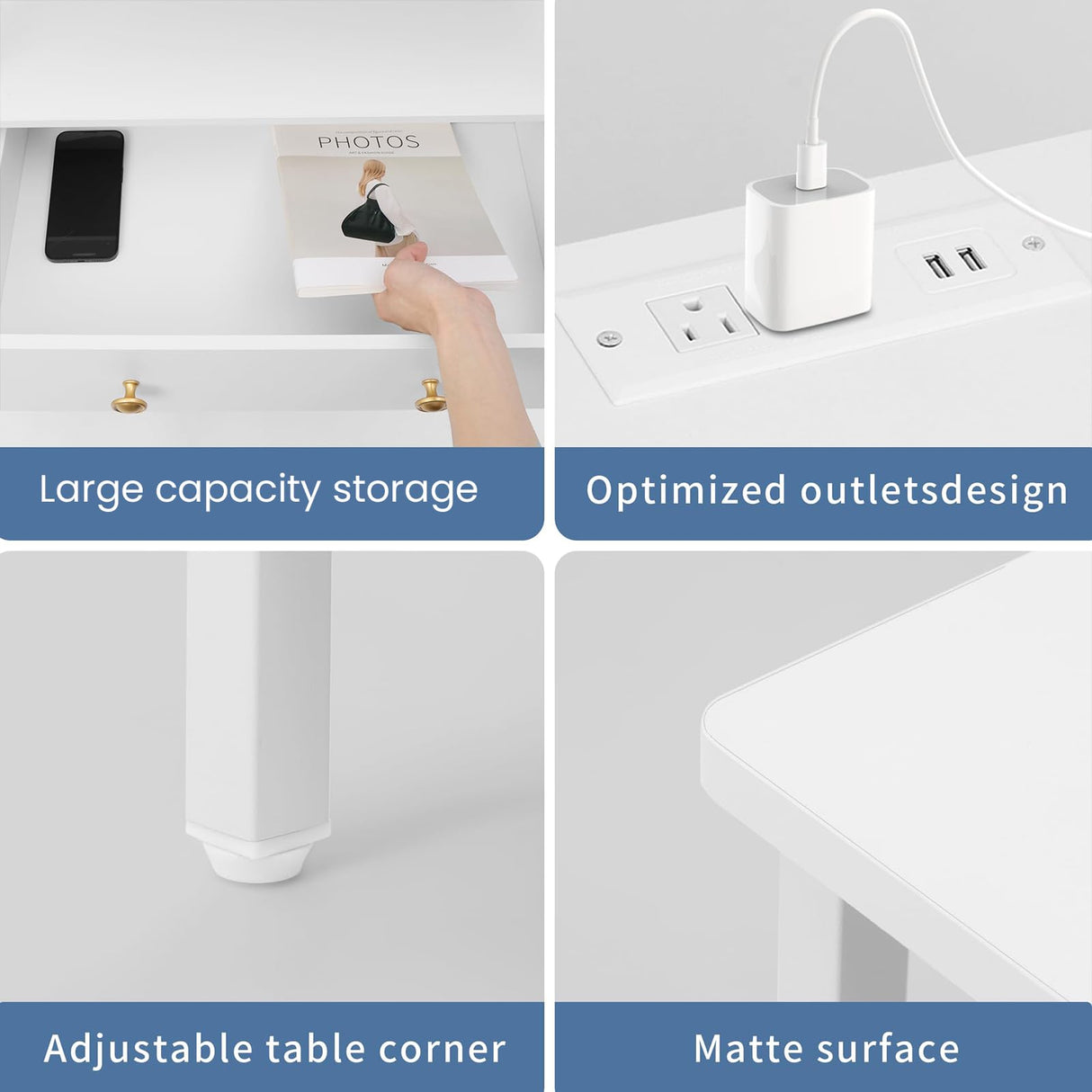 Edbuosy 3 Wooden Drawers Night Stand, 27 Inch Wide Nightstand with Charging Station and Adjustable Drawers, Small Dresser for Closet, Bedside Table for Living Room/Bedroom/Office, White. Edbuosy