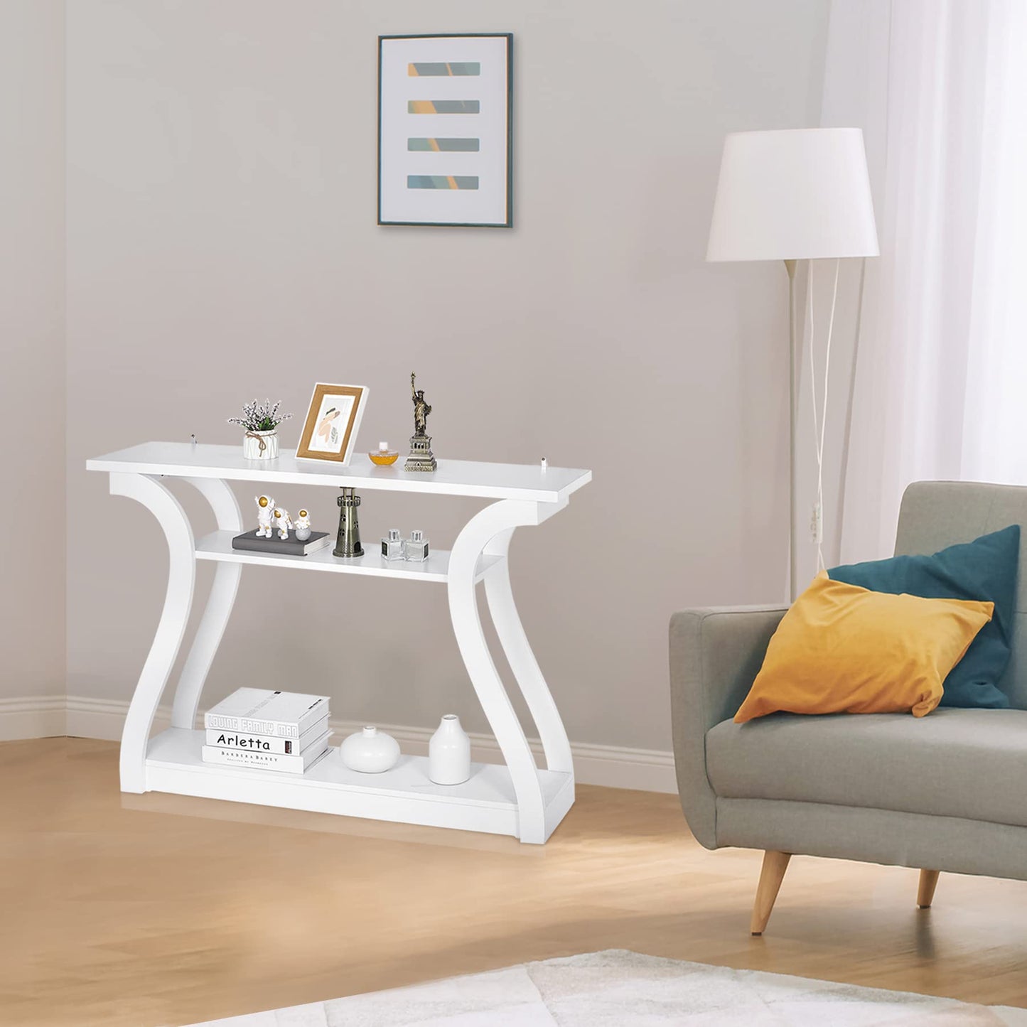 ZenStyle Wood Console Table with Curved Legs and Shelf, 3 Tier Modern Accent Sofa Table for Entryway, Living Room, Hallway, 47 in Wide, Easy Assembly (White)