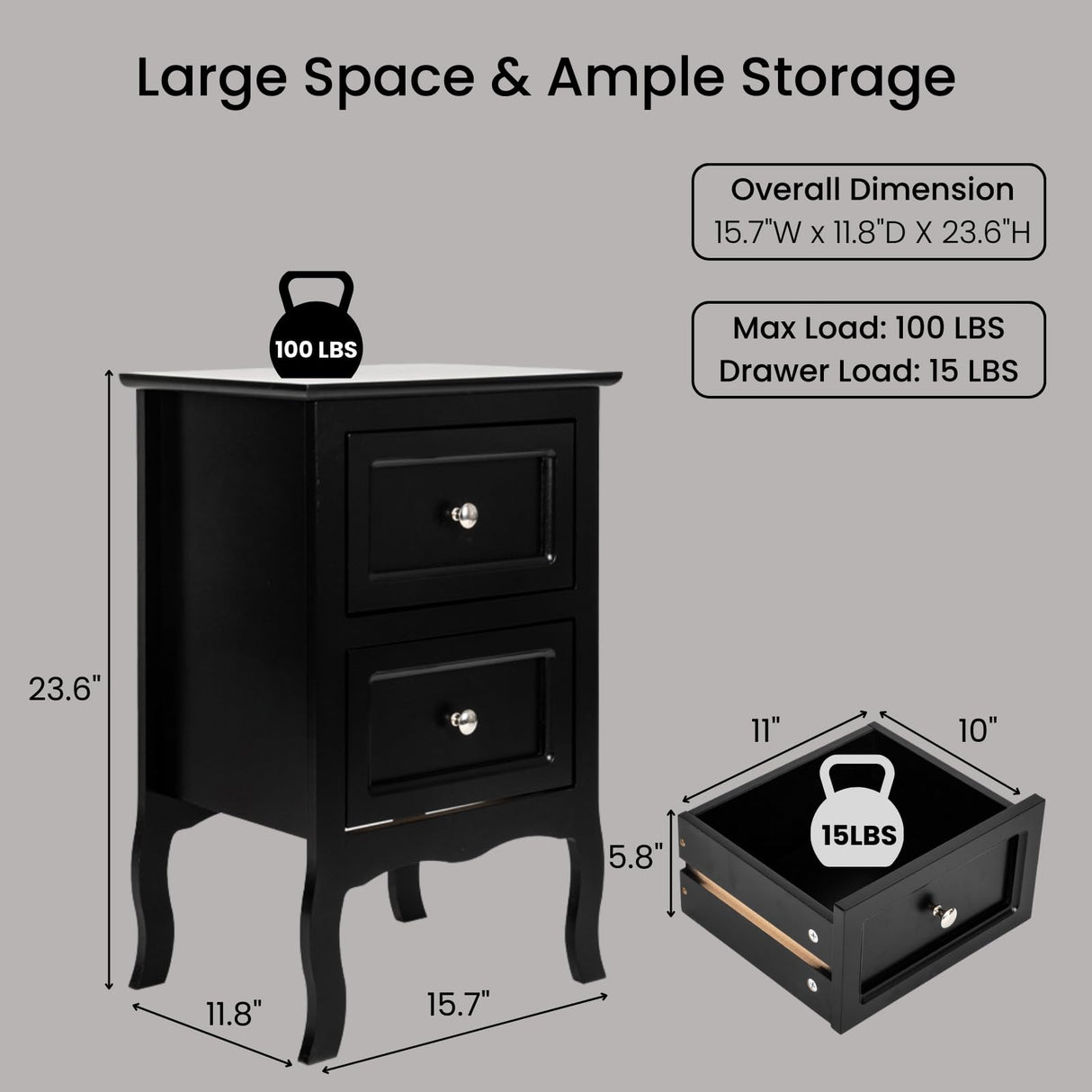 Karl home Black Nightstand Set of 2 for Bedroom, Vintage Small Night Stand with Drawers, Farmhouse Side Table, Wooden End Tables with Curved Legs for Office, Mid-Century Karl home