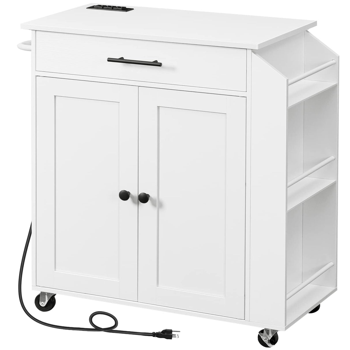 HOOBRO Kitchen Island with Power Outlet, Kitchen Storage Island with Spice Rack and Drawer, Rolling Kitchen Cart on Wheels, for Home, Kitchen and Dining Room, White WT82UZD01G1 HOOBRO