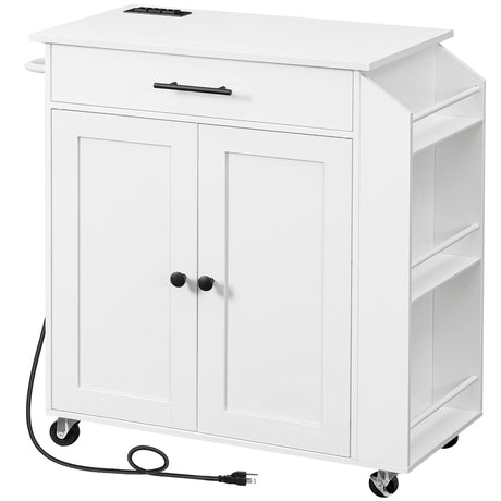 HOOBRO Kitchen Island with Power Outlet, Kitchen Storage Island with Spice Rack and Drawer, Rolling Kitchen Cart on Wheels, for Home, Kitchen and Dining Room, White WT82UZD01G1 HOOBRO