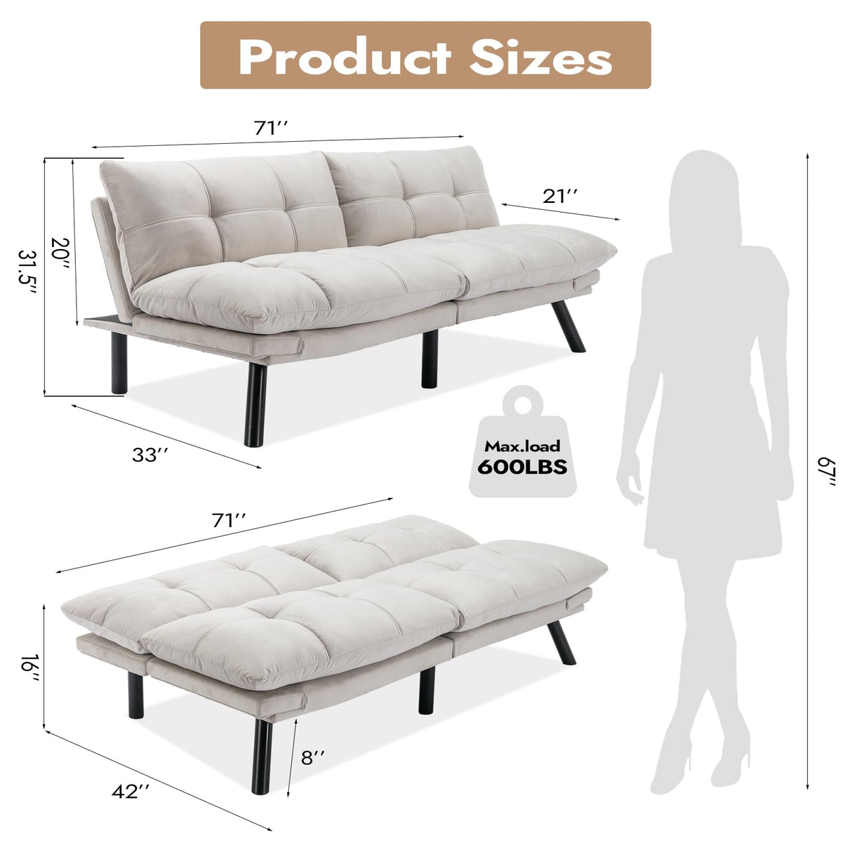 Edbuosy Comfortable Futon Sofa Bed, Memory Foam Loveseat, Convertible Adjustable Sofa Bed CouchSuitable for Office, Home, and Bedroom (White) Edbuosy