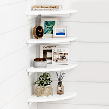 Forbena White Corner Floating Shelves for Wall Set of 4, Rounded Corner Shelves Wall Mounted for Kids Bedroom Books, Cute Wood Hanging Corner Shelf for Bathroom Decor, Living Room, Small Spaces Forbena