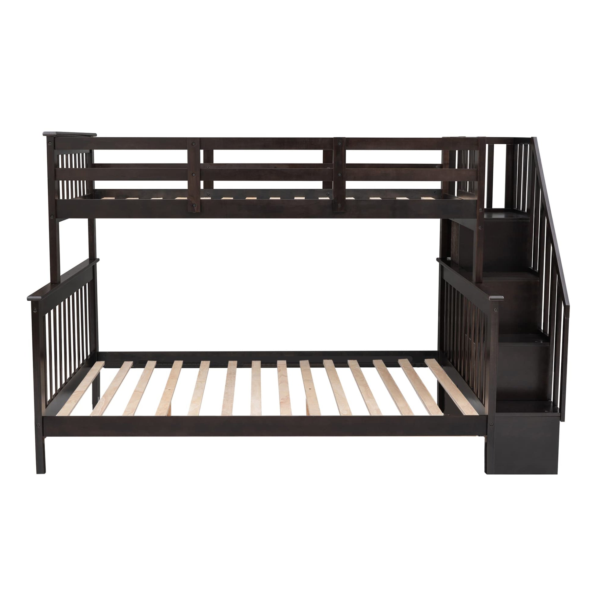 Solid Wood Twin Over Full Bunk Bed with Stairs and Storage Shelves in Espresso by Harper & Bright Designs - WoodArtSupply