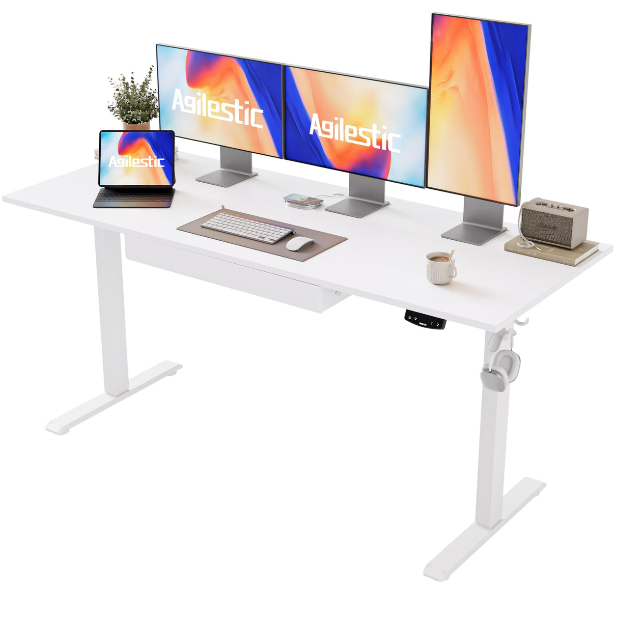 Agilestic Adjustable Height Electric Standing Desk with Storage Wooden Drawer, 63 x 24 Inches Stand Up Home Office Computer Gaming Table with Splice Board for Work Office Home, White Agilestic