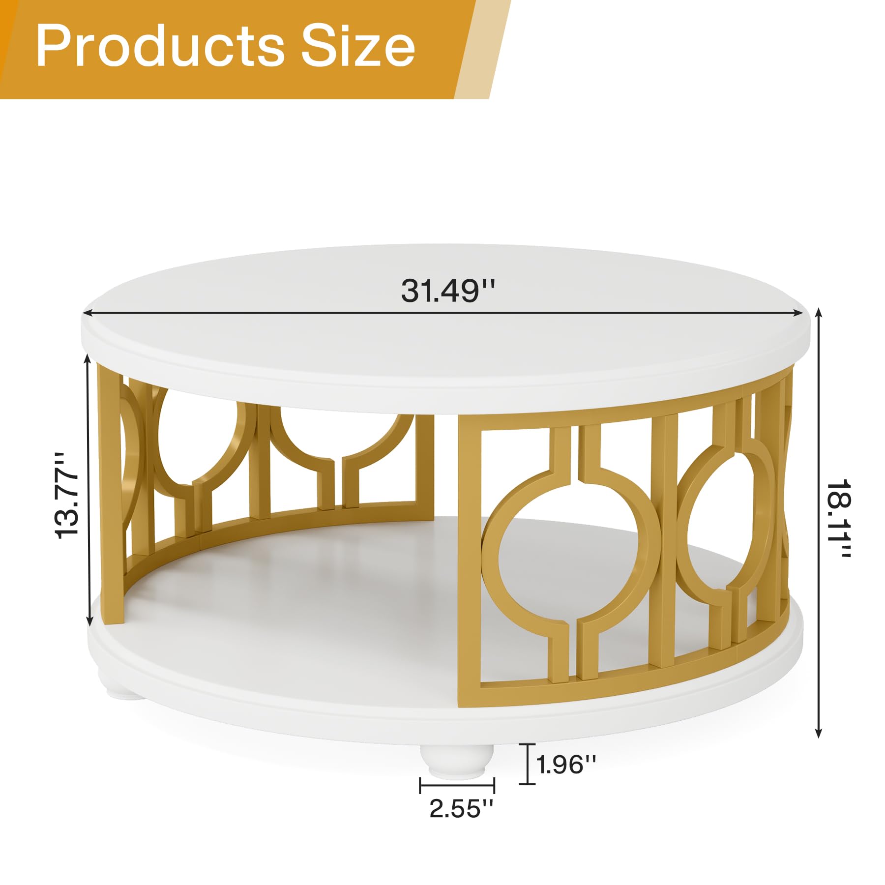 Tribesigns Round Coffee Table, 2-Tier Circle Coffee Table with Storage Shelf, Modern Center Table for Living Room & Office, White and Gold - WoodArtSupply