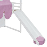 SOFTSEA Twin House Loft Bed with Stairs and Slide, Wooden House Loft Bed with Storage Shelves, Stairway Playhouse Bed with Roof Tent and Ladder for Kids Boys Girls, No Box Spring Needed, Pink White SOFTSEA
