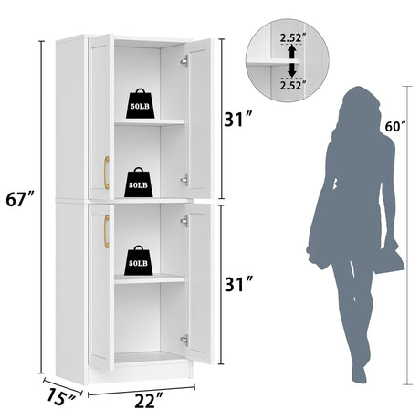 Homzbesy Pantry - Kitchen Pantry Cabinet with 4 Doors and Adjustable Shelves, Tall White Cabinet Freestanding Storage Cupboard for Dining Room Living Room, Laundry, Bathroom Homzbesy