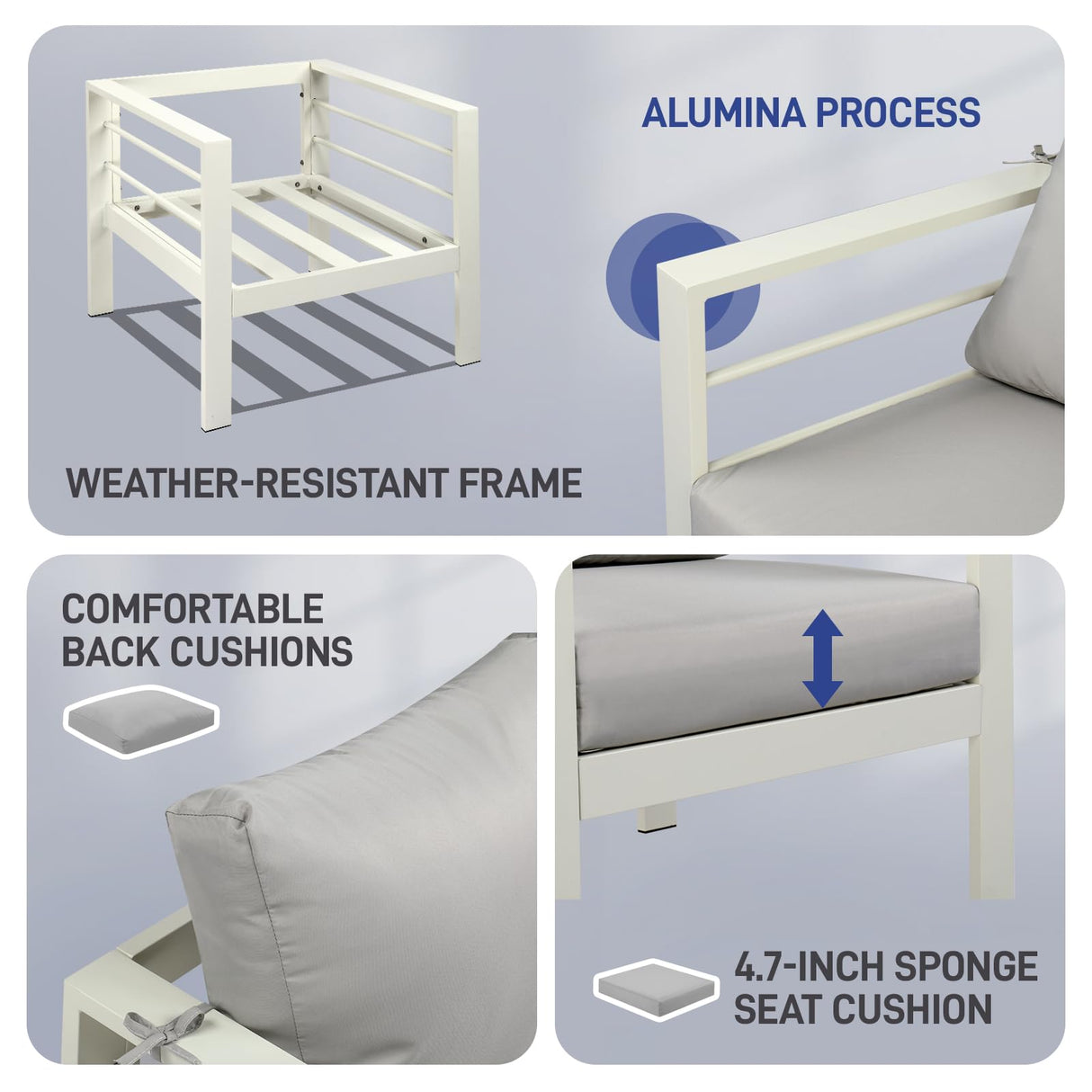 VINGLI Outdoor Furniture 4 Pieces Modern Aluminum Patio Furniture Set, Patio Sofa Set Outdoor Patio Conversation Sectional Set for Lawn, Garden, Backyard (White) VINGLI