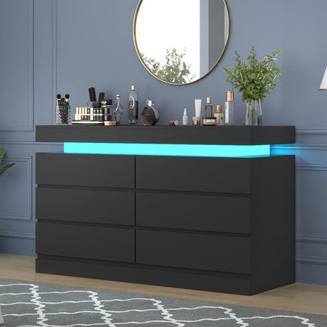Gyfimoie 6 Drawer Dresser with Power Outlet, Black Dresser with LED Light, Modern Chest of Drawers for Closet, Double Wide Drawer Organizer Cabinet for Bedroom, Living Room, Entryway, Hallway (Black) Gyfimoie