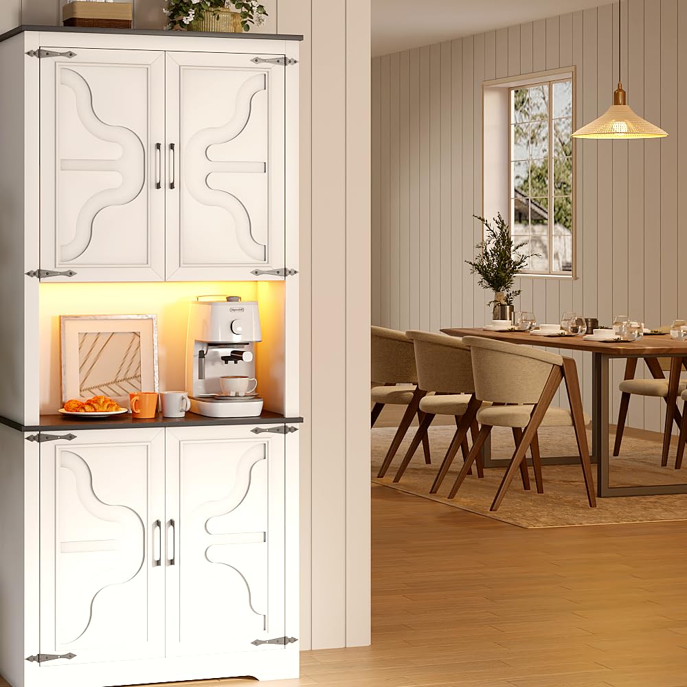 Fameill Farmhouse 71" Tall Kitchen Pantry Storage Cabinet with LED & Charging Station, Modern 4 Doors & Adjustable Shelves for Pantry Living Room Storage Hutch Cabinet, Free Standing Cabinet White Fameill