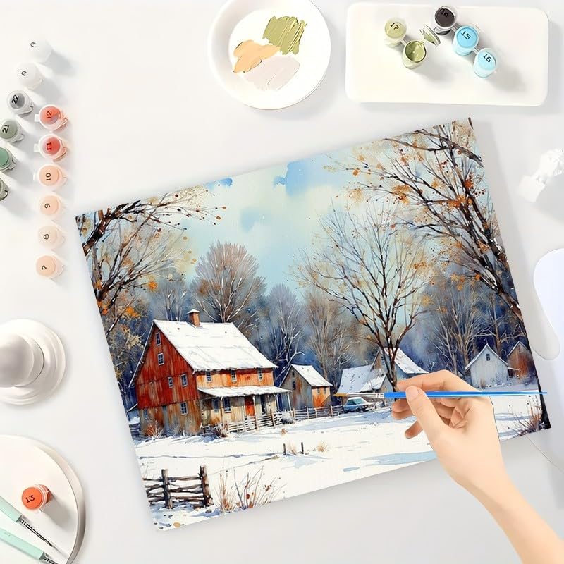 Country Winter Paint by Numbers Kit for Adults - DIY Snowy Red Barn and Rural Houses Painting on Canvas 16x20 Inches, Acrylic Paint Set, Suitable for Beginners, Art for Home Decoration or Gifts DecorFriday
